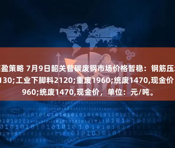 摛盈策略 7月9日韶关普碳废钢市场价格暂稳：钢筋压块2130;直钢筋2130;工业下脚料2120;重废1960;统废1470,现金价，单位：元/吨。