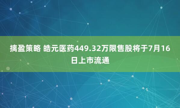 摛盈策略 皓元医药449.32万限售股将于7月16日上市流通
